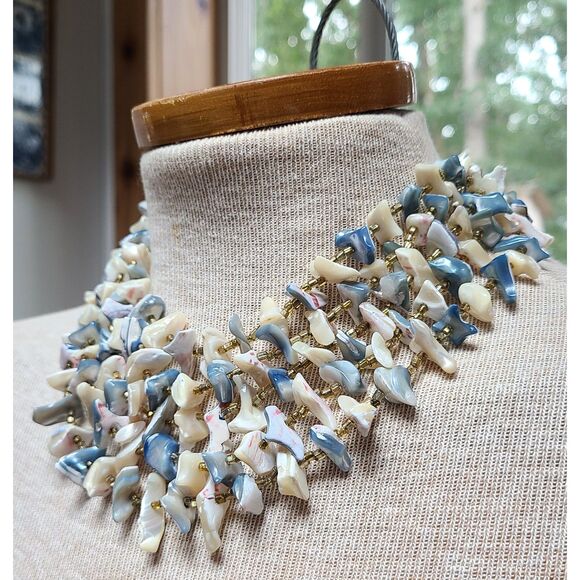 Vintage Multi Strand Abalone Sea Shell Choker Necklace Earrings Set Resortwear - Picture 4 of 6